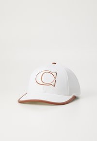 White baseball cap with a brown embroidered letter "C" on the front, featuring a brown trim around the visor. Smooth fabric texture.