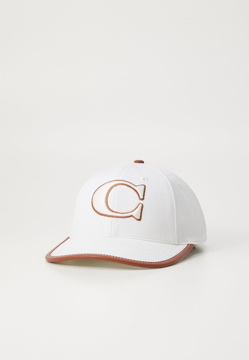 White baseball cap with a brown embroidered letter "C" on the front, featuring a brown trim around the visor. Smooth fabric texture.