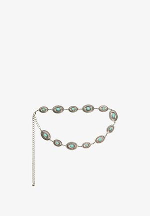 Zilverkleurige kettingriem met ovale turquoiseaccentstenen. Elke schakel heeft een gestructureerde rand en sluit met een karabijnhaak.