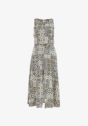 Robe midi sans manches beige avec des motifs géométriques bleus et blancs complexes, dotée d'un col rond et d'une taille cintrée.