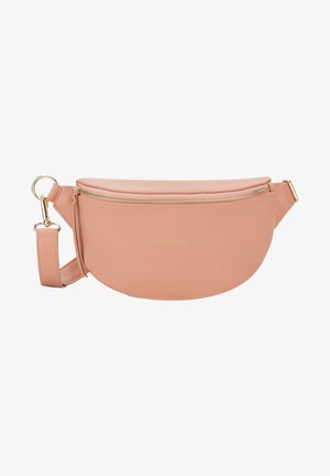 Sac ceinture en cuir rose clair avec fermeture éclair dorée, sangle réglable et petit logo doré "EXPATRIE" au centre avant.