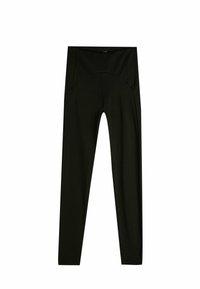 Leggings negras de material elástico, con una cinturilla alta, textura suave y una silueta ajustada sin patrones visibles.