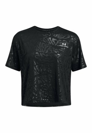 Camiseta deportiva negra de manga corta con textura sutilmente estampada y pequeño logo blanco de Under Armour en la parte superior izquierda del pecho.
