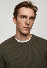 Olivgrüner, gerippter Pullover mit Rundhalsausschnitt, über einem weißen Hemd getragen. Glatte Textur, einfaches Design und minimale Details.