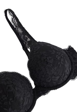 Sort blonde bh med bøjle, blomsterprint, justerbare stropper og bølget kant for et detaljeret feminint design.