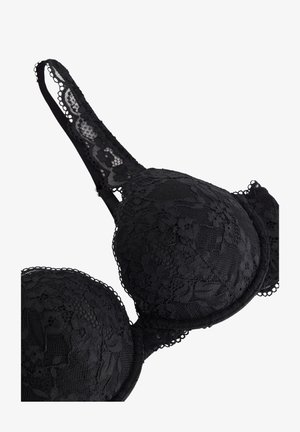 Sort blonde bh med bøjle, blomsterprint, justerbare stropper og bølget kant for et detaljeret feminint design.