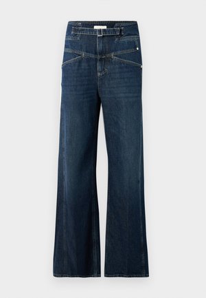 Jeans de pierna ancha hechos de denim azul oscuro, con una cinturilla alta, dos bolsillos frontales y detalle de costura en contraste.