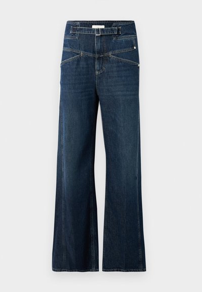 Bredde ben jeans lavet af mørkeblå denim, med høj talje, to frontlommer og kontrasterende syninger.
