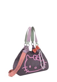 Sac en tissu gris avec design Hello Kitty rose, anses bicolores rose et verte, accent de nœud et détails de quincaillerie décoratifs.
