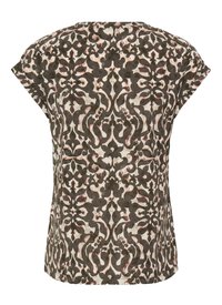Rövid ujjú felső világos bézs alapon, sötét virágmintával fekete és lágy rózsaszín árnyalatokkal, sima, könnyű anyagból készült.