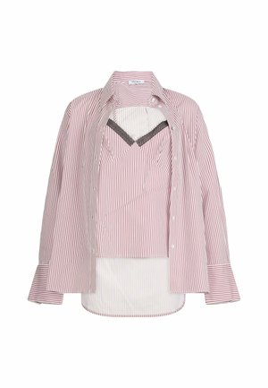 Camicia a righe rossa e bianca con maniche lunghe, caratterizzata da un sottogiacca corto in un motivo coordinato e con un collo elegante.
