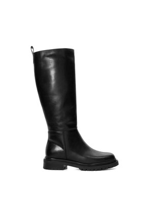 Bottes noires en cuir montantes avec une finition lisse, bout carré et semelle en caoutchouc robuste. Dotées d'une languette pour un enfilage facile.