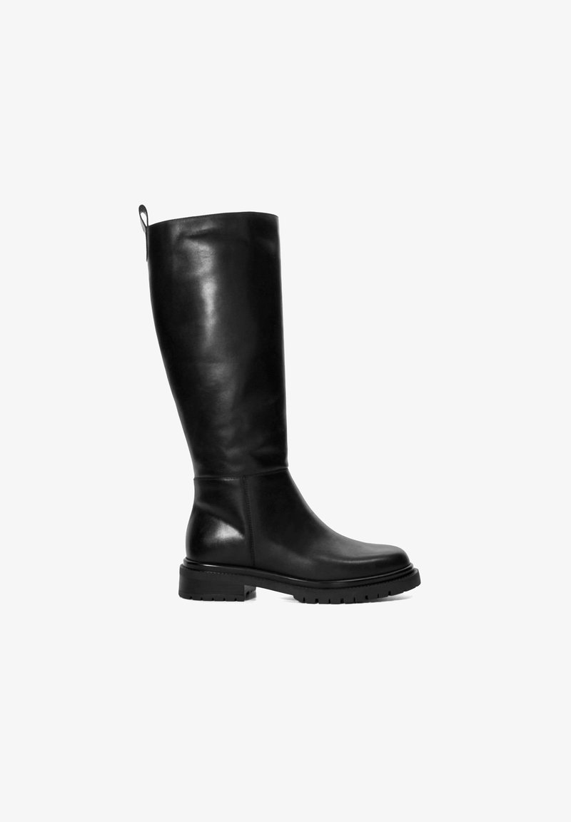 Black leather knee-high boots with a smooth finish, square toe, and sturdy rubber sole. Features a pull tab for easy wear.