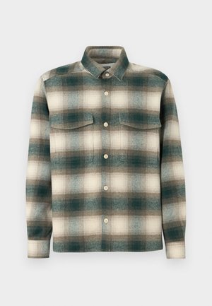Plaid shirt in shades of green, beige, and brown. Made of textured fabric with a button-down front and two chest pockets.
