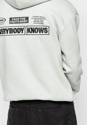 Light gray hoodie made of cotton, featuring black text on the back: "FACE THE FACTS BABY" and "EVERYBODY KNOWS." Soft texture, relaxed fit.