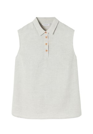 Sleeveless light gray shirt with a collared neckline, five orange buttons down the front, and a soft fabric texture.