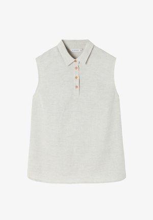 Sleeveless light gray shirt with a collared neckline, five orange buttons down the front, and a soft fabric texture.
