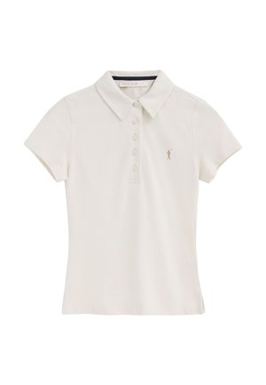 Witte polo met korte mouwen, kraag, vijf knopen aan de voorkant en een klein geborduurd logo op de linkerborst.
