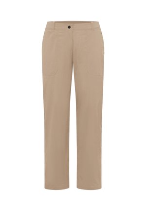 Pantaloni beige a taglio dritto, con due tasche anteriori e chiusura con un solo bottone. Realizzati in tessuto leggero, con texture liscia.