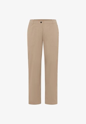 Pantaloni beige a taglio dritto, con due tasche anteriori e chiusura con un solo bottone. Realizzati in tessuto leggero, con texture liscia.