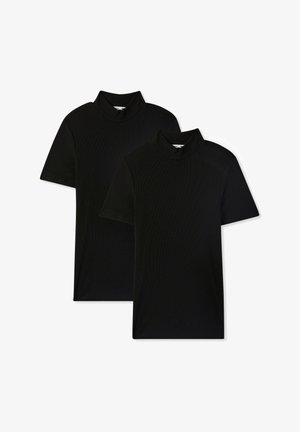 Polo shirt nera, maniche corte, texture a costine, design aderente, confezione da due, stile minimalista senza loghi o pattern visibili.