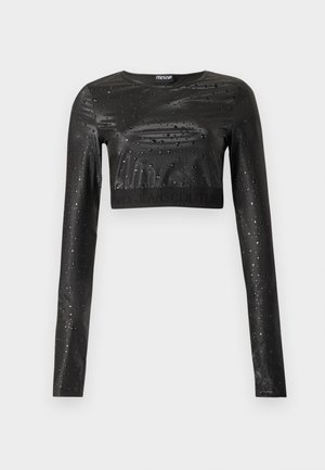 Μαύρο cropped τοπ με μακριά μανίκια, γυαλιστερό φινίρισμα με όψη βρεγμένου, μικρό μοτίβο από σταγονίδια νερού, στρογγυλή λαιμόκοψη και ελαστική ζώνη στην κάτω μεριά.