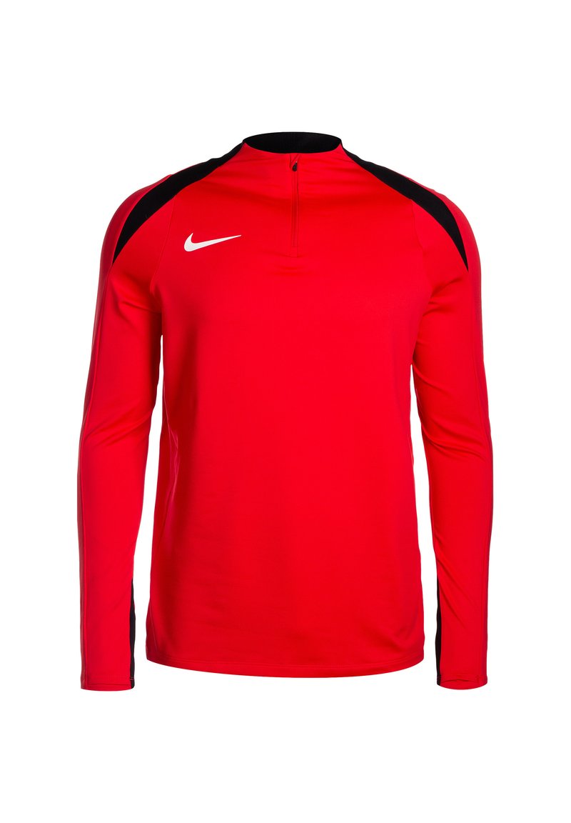 Rood sportshirt met lange mouwen en een ritssluiting aan de hals. Zwarte accenten op de schouders. Gemaakt van glad, rekbaar materiaal met een wit logo.