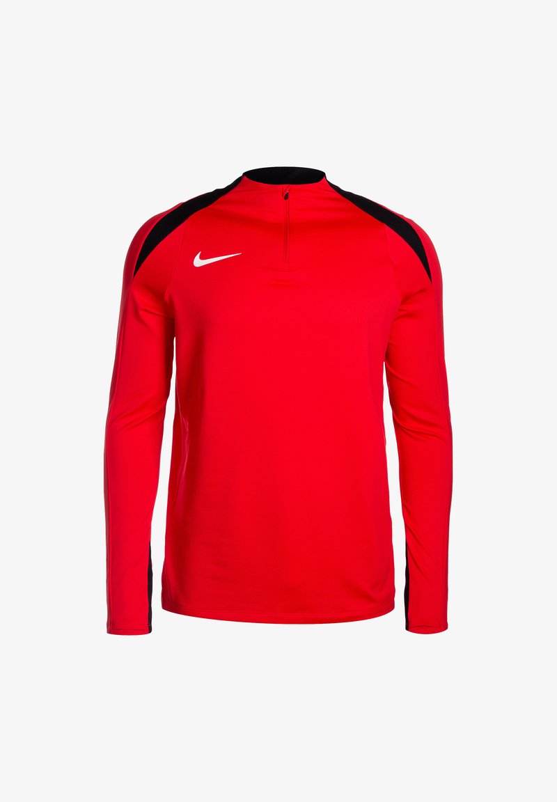 T-shirt de sport rouge à manches longues avec un col zippé. Accents noirs sur les épaules. Fabriqué à partir d'un tissu lisse et extensible avec un logo blanc.
