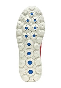 Suola di scarpa in materiale gomma bianca, con motivi circolari e accenti blu, strutturata per una presa efficace, angolata verso destra.