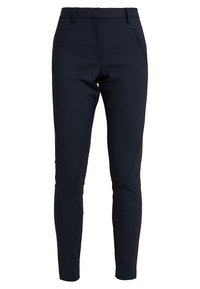 Marinblå stretchbyxor med slim fit, som har två framfickor och sydda detaljer längs benens sidor för extra designintresse.