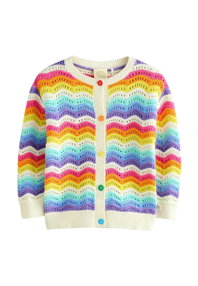 Cardigan lavorato a maglia con motivo a onde nei colori dell'arcobaleno: rosso, arancione, giallo, verde, blu e viola. Bottoni di colori vari.