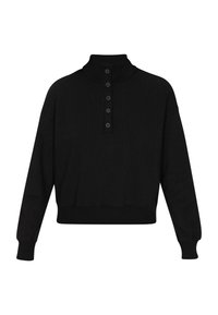 Pulover negru cu guler înalt, având o închidere cu cinci butoni, mâneci lungi și manșete și tiv cu dublură. Textură a materialului neted și moale.