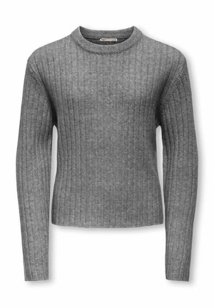 Grauer gerippter Pullover mit langen Ärmeln, Rundhalsausschnitt, taillierter Silhouette und weicher Textur; aus einem gestrickten Stoff gefertigt.