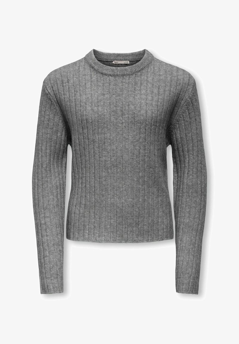 Pelēks ribots džemperis ar garām piedurknēm, apaļu kaklu, pieguļošu siluetu un mīkstu tekstūru; izgatavots no adīta auduma.