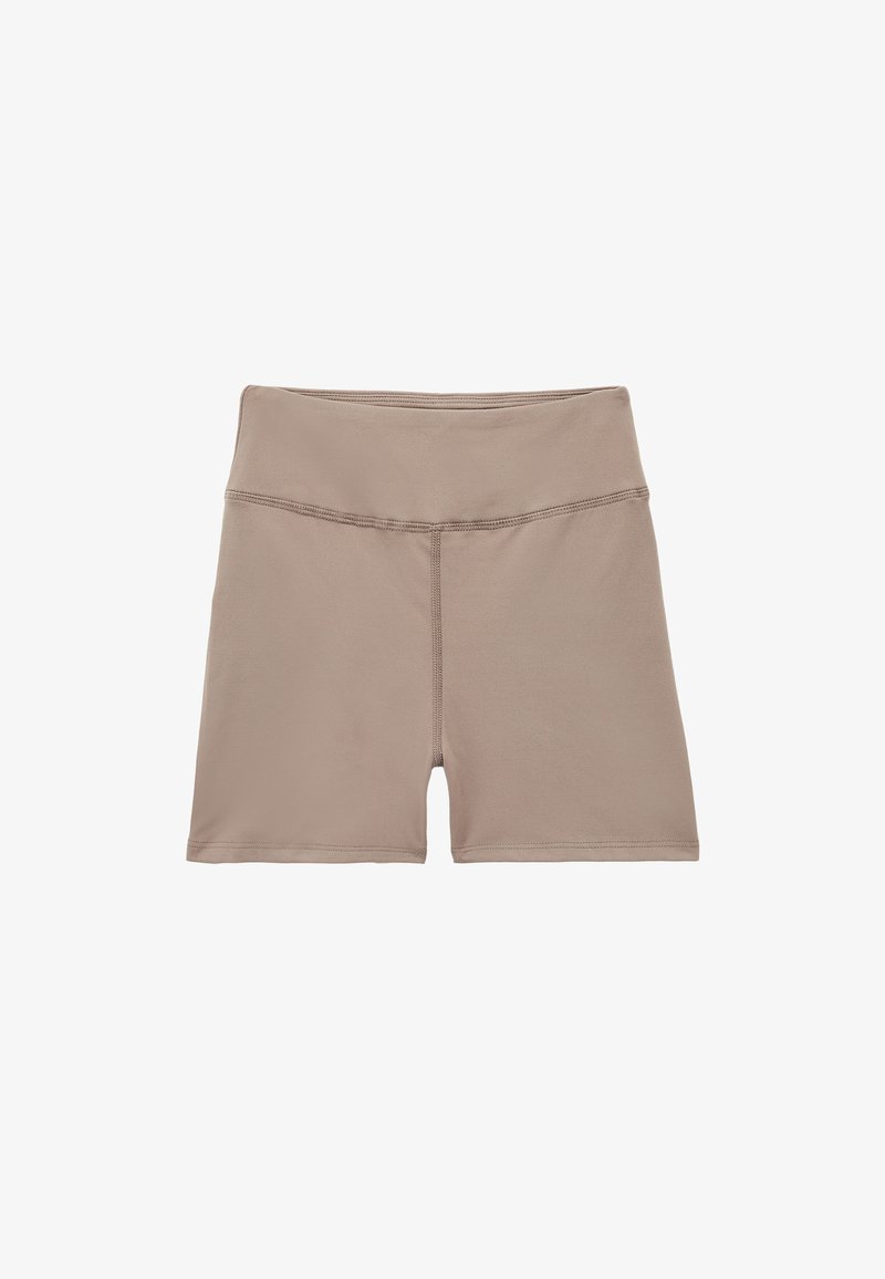 Ljusbruna träningsshorts gjorda av stretchns tyg. Har hög midja och platt söm för komfort. Rent, enkelt design.