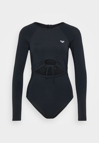 Black long-sleeve one-piece swimsuit with a front midsection cutout and adjustable drawstring, featuring a small white logo on the chest.