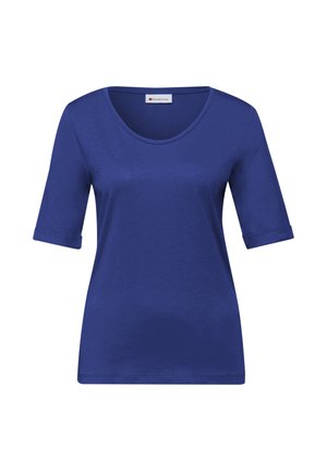 Blauw dames-T-shirt met korte mouwen, opgerolde manchetten en een ronde hals, weergegeven op een witte achtergrond.