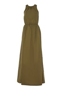 Abito maxi verde oliva in tessuto leggero, con scollo rotondo, senza maniche e vita arricciata con spacco laterale.