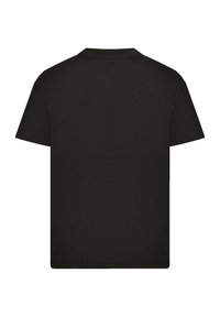 Schwarzes T-Shirt mit kurzen Ärmeln aus Baumwolle, runder Halsausschnitt und lässiger Passform. Glatte Textur, standardmäßiger Saum, keine sichtbaren Muster oder Akzente.