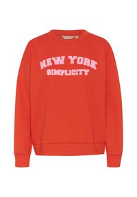 Rode sweatshirt met de tekst "NEW YORK" en "SIMPLICITY" in roze letters, ronde halslijn en ribgebreide manchetten en zoom. Zachte katoenen stof.