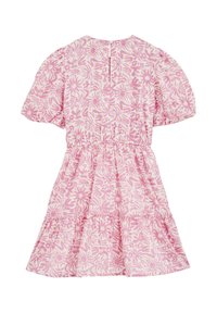Klänning med blommönster i rosa och krämfärgad, med korta puffärmar, elastisk midja och flerlagrig volangnederdel. Knäppning baktill.