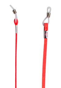 Rode elastische koord met metalen uiteinden, voorzien van lussen voor bevestiging. Gladde textuur met een duurzame afwerking, met een lengte van ongeveer 20 cm.
