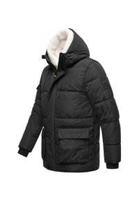 Čierna pufferová bunda s bielym, nadýchaným podšívkovým materiálom. Má kapucňu, zips a predné vrecká. Vyrobená z plastových materiálov.