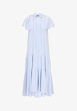 Hele sinine maxi kleit siledast kangast, millel on kaeluses lips, kapuutsikujulised varrukad ja kihiline ripsmetega detail allääris.