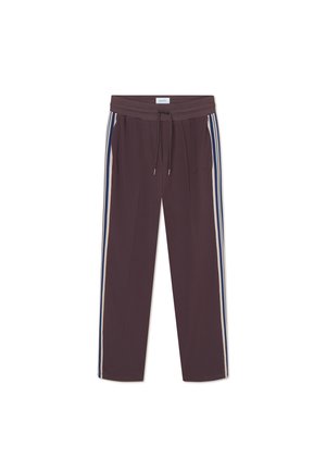 Bordeaux-kleurige sweatpants met een elastische tailleband en verstelbaar trekkoord. Voorzien van zijstrepen in crème en blauw. Gladde textuur, relaxte pasvorm.
