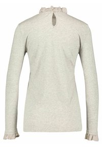Long-sleeve gray T-shirt with a ruffled neckline and keyhole back; soft texture with light stretch, fitting snugly at the waist and wrists.