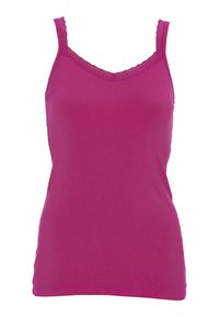 Camiseta fucsia sin mangas con tirantes finos y un borde de encaje a lo largo del escote. Fabricada con un tejido suave y elástico. Diseño simple y ajustado.