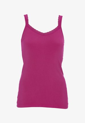 Fuchsia hemdje met fijne bandjes en een kantafwerking langs de halslijn. Gemaakt van zachte, rekbare stof. Eenvoudig, aansluitend ontwerp.