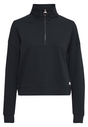 Black pullover with a high collar and half zip, made of soft fabric. Features a cropped design and ribbed cuffs. Minimal branding on the hem.