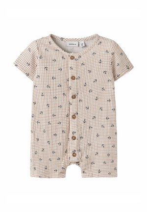 Tutina per neonati a maniche corte con motivo a griglia marrone e piccoli ancoraggi blu navy, bottoni marroni sul davanti e scollo rotondo.